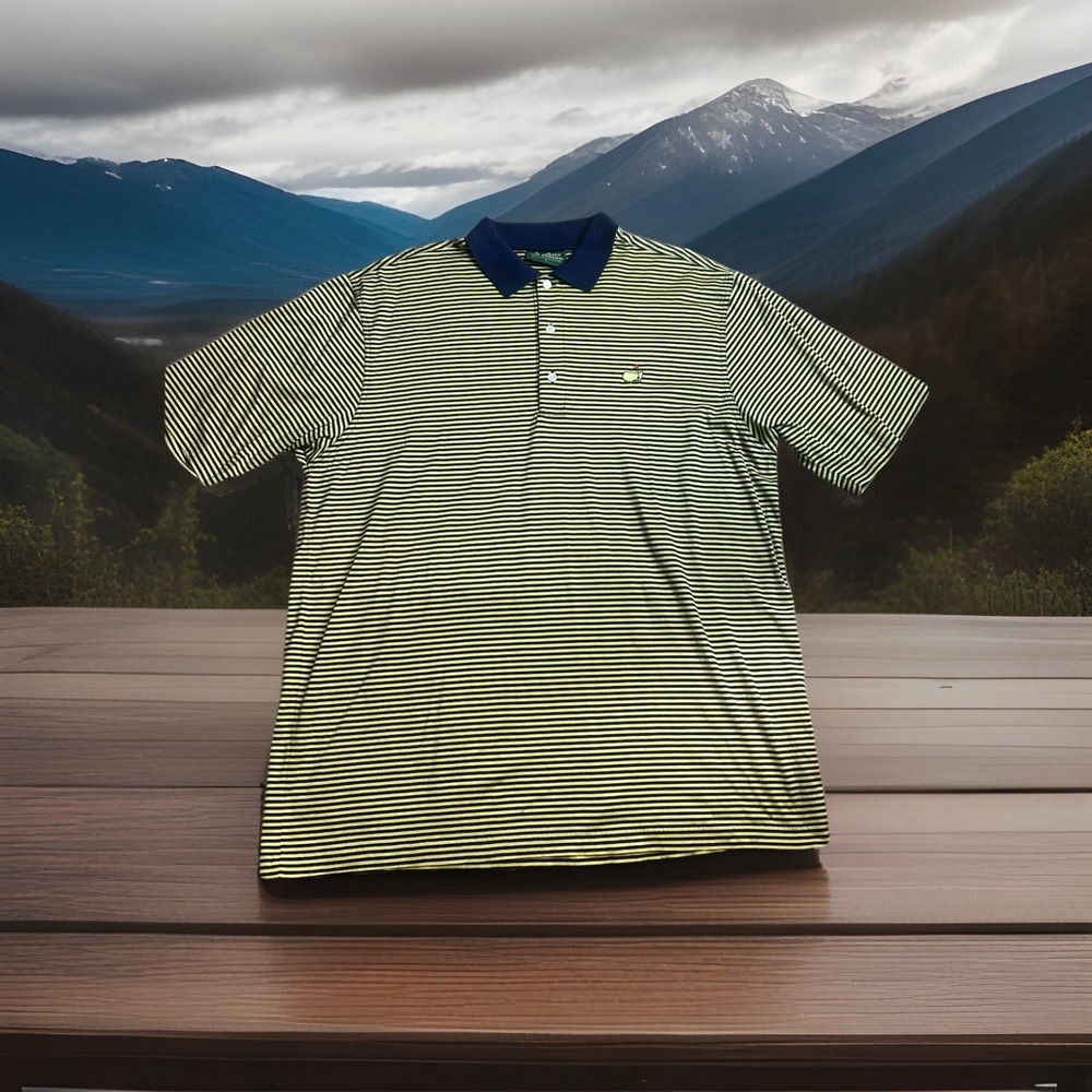 Amen Corner Masters‎ Mens Large Polo Shirt Yellow Navy Blue Striped Mercerized L